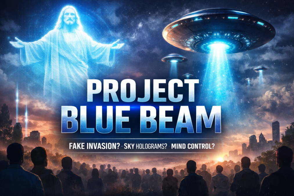 conceptual image of Project Blue Beam holographic projection in the sky