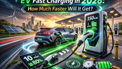 Futuristic electric vehicles charging rapidly at a high-speed station with dynamic energy visuals in 2026.