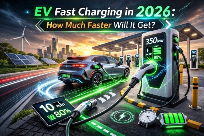 Futuristic electric vehicles charging rapidly at a high-speed station with dynamic energy visuals in 2026.
