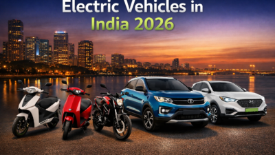 Lineup of popular electric vehicles in India 2026 including Ather 450X, Ola S1 Pro, Revolt RV400, Tata Nexon EV, MG ZS EV, and Hyundai Kona Electric with city skyline background