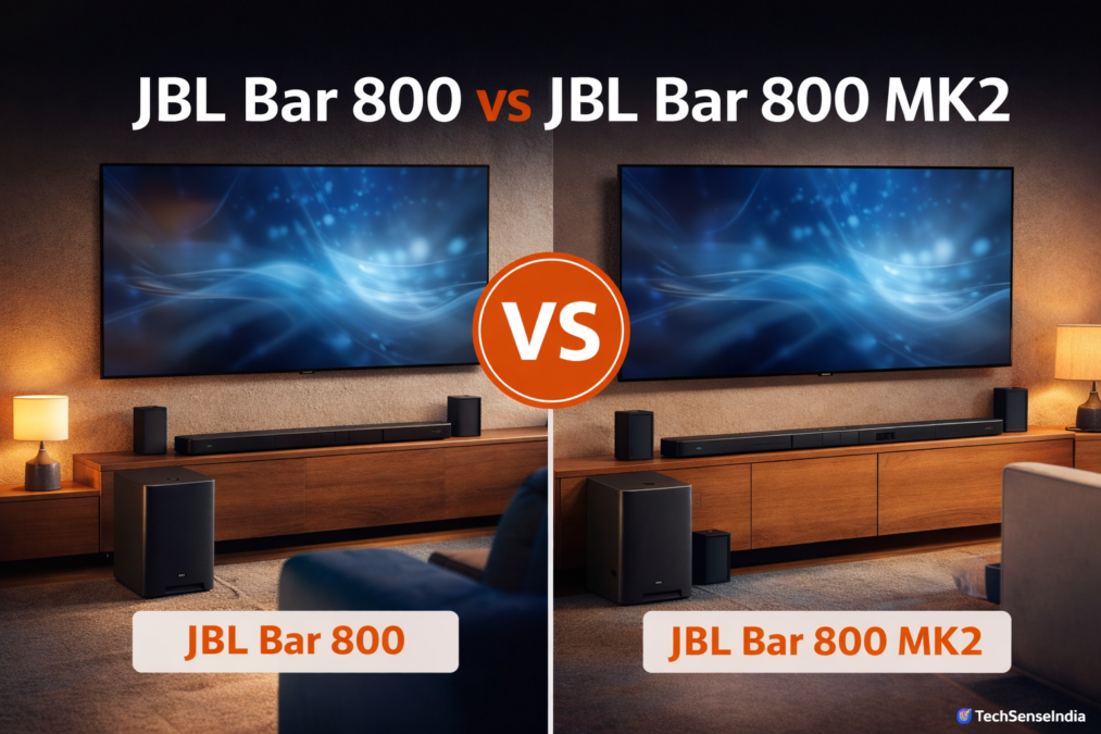 Side-by-side comparison of JBL Bar 800 vs JBL Bar 800 MK2 soundbars with subwoofers