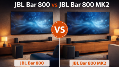 Side-by-side comparison of JBL Bar 800 vs JBL Bar 800 MK2 soundbars with subwoofers