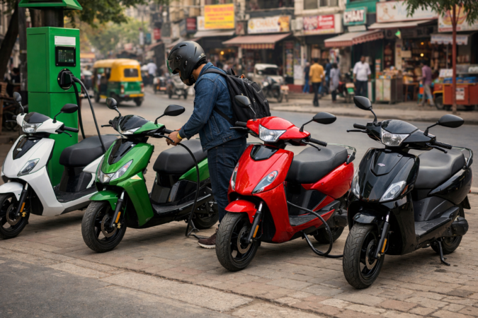 Affordable electric scooters parked in Indian city with a rider charging one of them"