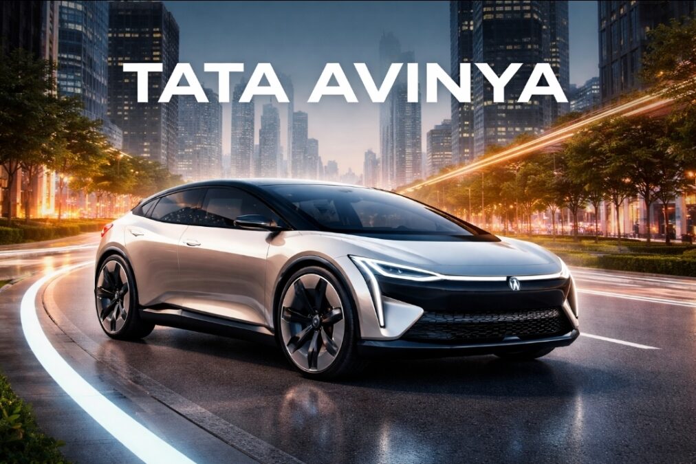 Tata Avinya electric vehicle concept on an urban road in India, showcasing its futuristic design and premium styling.