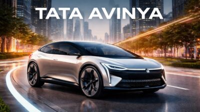 Tata Avinya electric vehicle concept on an urban road in India, showcasing its futuristic design and premium styling.