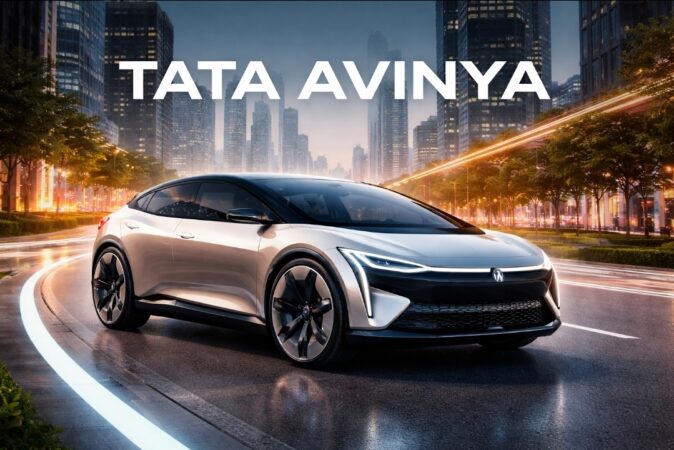 Tata Avinya electric vehicle concept on an urban road in India, showcasing its futuristic design and premium styling.