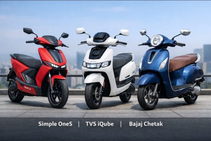 "Side-by-side comparison of three electric scooters: Simple OneS, TVS iQube, and Bajaj Chetak on an urban Indian street."